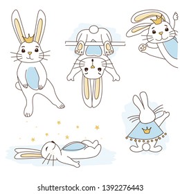 Cute white rabbit prince with golden crown, blue belly. Hand drawn vector illustration for decoration invitation (baptism, first birthday) t-shirt, nursery wall, clothes. Doodle outline sketch style