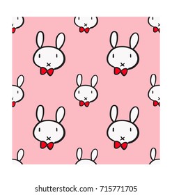 Cute white rabbit with red bow on pink background.