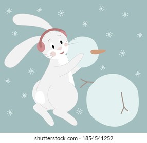 A cute white rabbit in red headphones sculpts a snowman. Cartoon character on a New Year background. Vector illustration.