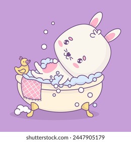 Cute white rabbit rests in bubble bath with rubber duck. Funny relaxed in bathroom cartoon kawaii animal character bunny. Vector illustration. Kids collection.