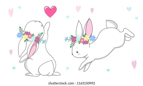 Cute white rabbit  romantic bunny collection with flowers wreath and hearts. Set of vector children's animal for kids or babies shirt design, fashion print, Easter postcard