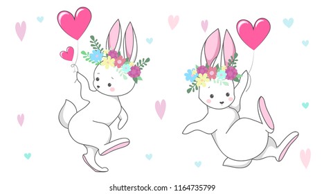 Cute white rabbit  romantic bunny collection with flowers wreath and hearts. Set of vector children's animal for kids or babies shirt design, fashion print, Easter postcard
