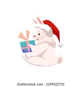 Cute white rabbit in Santa red hat with gift box, vector illustration isolated on white background. Cartoon bunny character for holiday cards. Design for decorate in Christmas