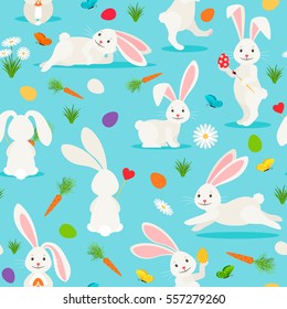 Cute White Rabbit Seamless Pattern. Bunny Easter Vector Background.