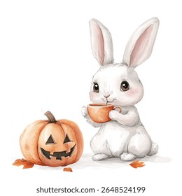 Um coelho branco bonito senta-se segurando uma bebida quente, ao lado de uma abóbora de jack-o'-lanterna esculpida; folhas de outono espalhadas nas proximidades.