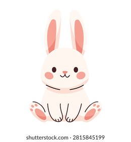 Cute white rabbit sitting with cheerful expression isolated on white background charming vector illustration suitable for Easter spring children's books nursery decorations stickers and adorable animal themed projects.