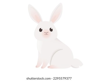 Cute white rabbit sitting on ground cartoon animal design vector illustration isolated on white background