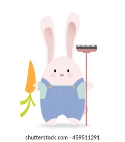Cute white rabbit standing alone on the white background and holding organic fresh carrot.