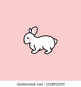 cute white rabbit stands side view. funny bunny. hand drawn elements on pink background
