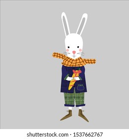 Cute white rabbit in a suit with a gift carrot, autumn. Vector illustration in Scandinavian style. Print or Poster Design for Kids, Greeting Card, Baby dishes and clothes.