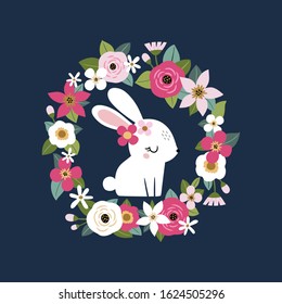 Cute white rabbit in summer floral wreath on dark blue background. Perfect for tee shirt logo, greeting card, poster, invitation or print design. 