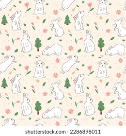 Cute white rabbit, sweet hare pattern. Doodle baby bunny, animals and flowers for wallpaper and wrapping paper, toddler nursery design. Adorable animal. Vector utter seamless illustration