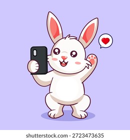 Coelho branco bonito fazendo uma selfie com um Smartphone Vetor Ilustração Desenho Animado Design