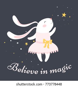Cute white rabbit with text "believe in magic" on gray background