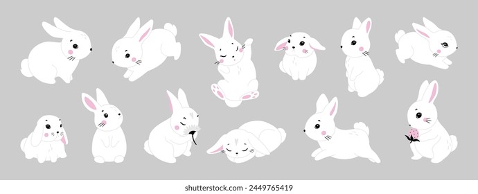 Cute white rabbit in various poses. Rabbit animal icon isolated on background. For Moon Festival, Chinese Lunar Year of the Rabbit, Easter decor. White Easter bunny, hare. Wild animals, baby animals  