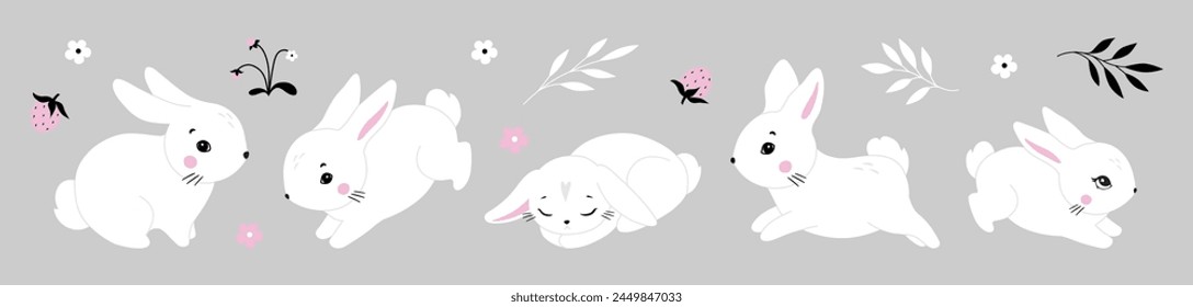 Cute white rabbit in various poses. Rabbit animal icon isolated on background. For Moon Festival, Chinese Lunar Year of the Rabbit, Easter decor. White Easter bunny, hare. Wild animals, baby animals