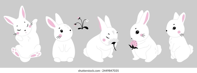 Cute white rabbit in various poses. Rabbit animal icon isolated on background. For Moon Festival, Chinese Lunar Year of the Rabbit, Easter decor. White Easter bunny, hare. Wild animals, baby animals