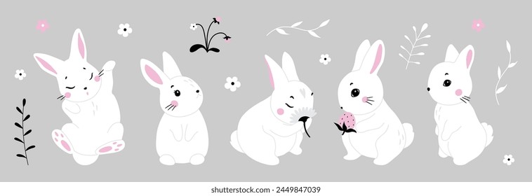 Lindo conejo blanco en varias poses. Icono de animal de conejo aislado en el fondo. Para el Festival de la Luna, Año Lunar Chino del Conejo, decoración de Pascua. Conejito de Pascua blanco, liebre. Animales salvajes, animales bebés