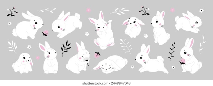 Lindo conejo blanco en varias poses. Icono de animal de conejo aislado en el fondo. Para el Festival de la Luna, Año Lunar Chino del Conejo, decoración de Pascua. Conejito de Pascua blanco, liebre. Animales salvajes, animales bebés