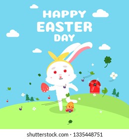 cute white rabbit walking on meadow cartoon vector.happy Easter day poster .