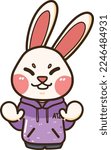 Cute White Rabbit Wearing Purple Hoodie Vector Illustration
