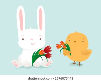 Cute white rabbit and yellow chicken with spring flowers. Easter cartoon characters. Easter kawaii illustration.