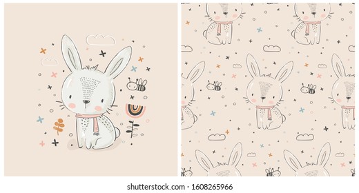 cute white rabbit,hand drawn vector illustration.can be used for kid's or baby's shirt design.