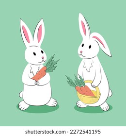 Cute white rabbits with basket and carrots in paws