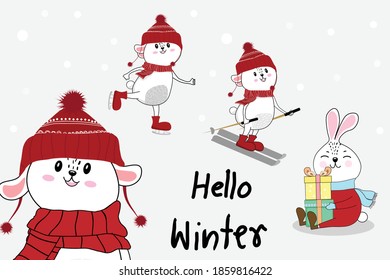 Cute white rabbits cartoon character set of winter time, on gray background.