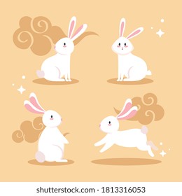 Cute white rabbits cartoons with clouds design, Animal life nature and character theme Vector illustration