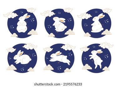 Cute white rabbits with Chinese New Year symbols. Year of the Rabbit. Mid autumn festival. Hand drawn vector illustration
