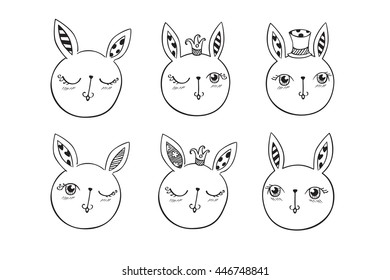 Cute white rabbits. Doodles, sketch for your design. Hand drawing. Vector.