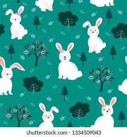 Cute white rabbits the gang seamless pattern on green background for kid product,fashion,fabric,textile,print or wallpaper,vector illustration
