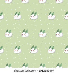 Cute white rabbits made of snow with white round snowflakes. Seamless background