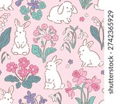 Cute white rabbits on spring floral background. Seamless vector pattern. Hand drawn Easter bunny pattern. 