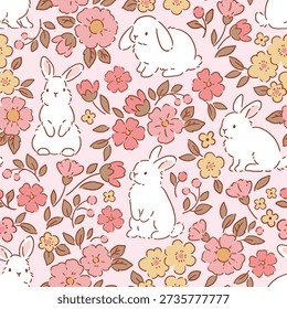 Cute white rabbits on spring floral background. Seamless vector pattern. Hand drawn Easter bunny pattern. 