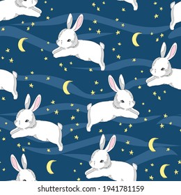 Cute White rabbits playing on the background of the starry sky and moon Seamless Pattern vector illustration Hand Drawn print childish