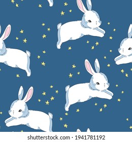 Cute White rabbits playing on the background of the starry sky Seamless Pattern vector illustration Hand Drawn print childish Bunny 