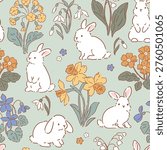Cute white rabbits with spring floral background. Seamless vector pattern. Hand drawn Easter bunny pattern. 