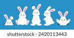 Cute white rabbits in various poses. bunny animal icon isolated on background. For Moon Festival, Chinese Lunar New Year, Easter day decoration. Cartoon vector illustration set.