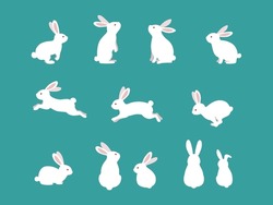 Cute White Rabbits In Various Poses. Rabbit Animal Icon Isolated On Background. For Moon Festival, Chinese Lunar Year Of The Rabbit, Easter Decor.