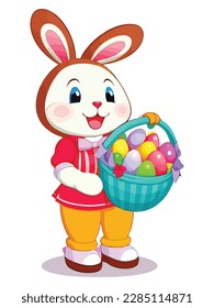 Cute white rabbits in various poses with white background. colorful Easter eggs vector illustration for kids and adults. Happy Spring holiday. 