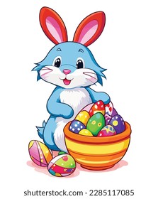 Cute white rabbits in various poses with white background. colorful Easter eggs vector illustration for kids and adults. Happy Spring holiday