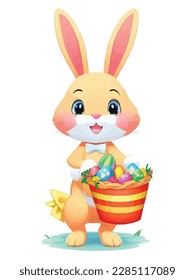 Cute white rabbits in various poses with white background. colorful Easter eggs vector illustration for kids and adults. Happy Spring holiday