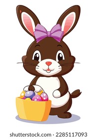 Cute white rabbits in various poses with white background. colorful Easter eggs vector illustration for kids and adults. Happy Spring holiday