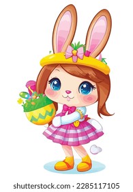 Conejos blancos en varias poses con fondo blanco. colorida ilustración vectorial de huevos de Pascua para niños y adultos. Feliz primavera