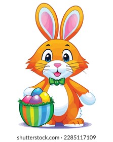 Cute white rabbits in various poses with white background. colorful Easter eggs vector illustration for kids and adults. Happy Spring holiday
