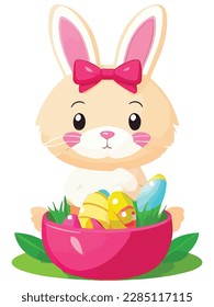 Cute white rabbits in various poses with white background. colorful Easter eggs vector illustration for kids and adults. Happy Spring holiday