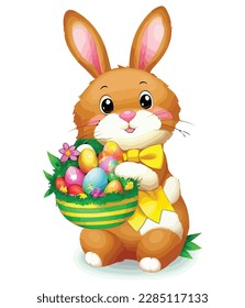 Conejos blancos en varias poses con fondo blanco. colorida ilustración vectorial de huevos de Pascua para niños y adultos. Feliz primavera