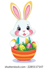 Conejos blancos en varias poses con fondo blanco. colorida ilustración vectorial de huevos de Pascua para niños y adultos. Feliz primavera